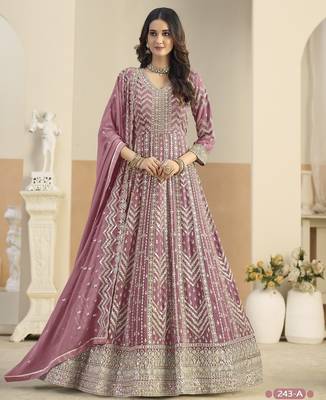 Peach faux georgette semi stitched anarkali suit with embrodery work 2