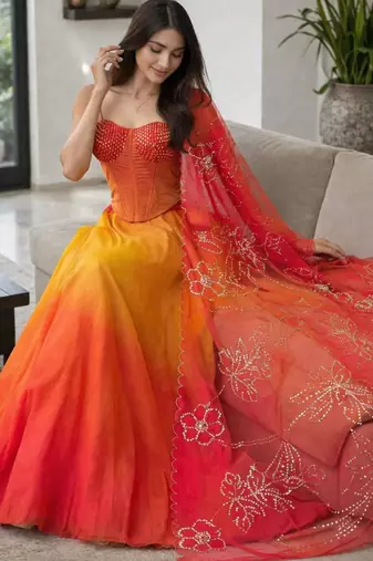 multicolour organza Corset Lehenga
