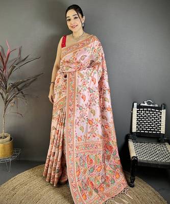Pretty pink pashmina silk meenakari weaving madhubani design kashmiri saree 1