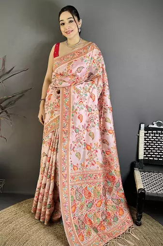 Pretty pink pashmina silk meenakari weaving madhubani design kashmiri saree