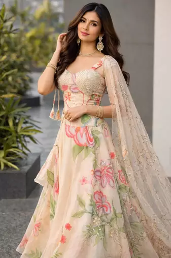 Cream Floral Silk Lehenga