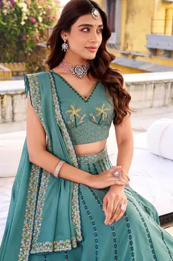 Teal Blue Embroidered Lehenega