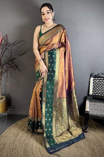 Copper soft silk small floral zari butti gold zari weaving banarasi saree