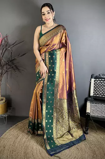 Copper soft silk small floral zari butti gold zari weaving banarasi saree