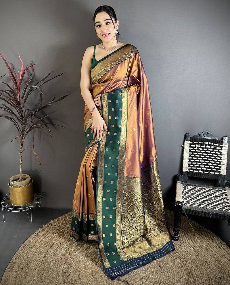 Copper soft silk small floral zari butti gold zari weaving banarasi saree