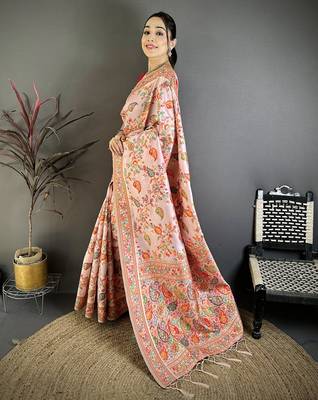 Pretty pink pashmina silk meenakari weaving madhubani design kashmiri saree 2