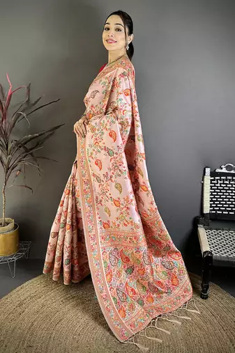 Pretty pink pashmina silk meenakari weaving madhubani design kashmiri saree