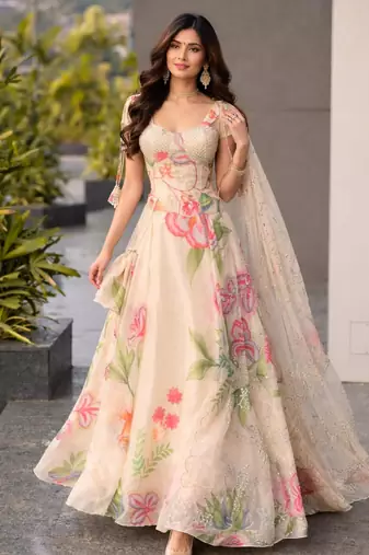 Cream Floral Silk Lehenga