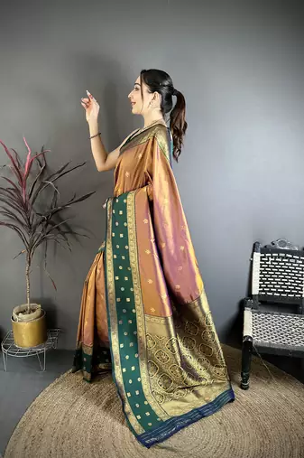 Copper soft silk small floral zari butti gold zari weaving banarasi saree