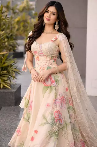 Cream Floral Silk Lehenga