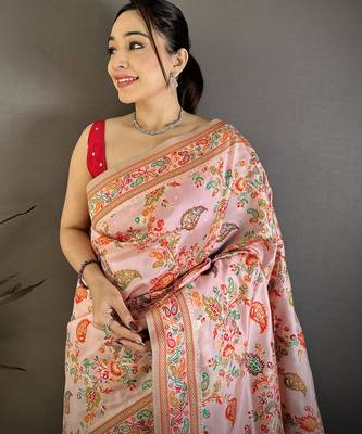 Pretty pink pashmina silk meenakari weaving madhubani design kashmiri saree 3