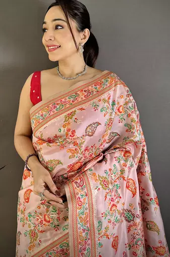 Pretty pink pashmina silk meenakari weaving madhubani design kashmiri saree