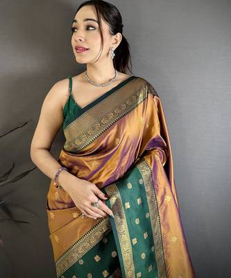 Copper soft silk small floral zari butti gold zari weaving banarasi saree 3