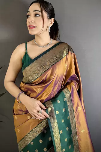 Copper soft silk small floral zari butti gold zari weaving banarasi saree