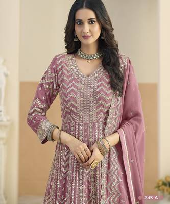 Peach faux georgette semi stitched anarkali suit with embrodery work 3