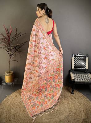 Pretty pink pashmina silk meenakari weaving madhubani design kashmiri saree 4