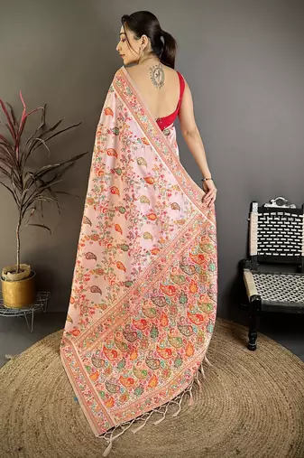 Pretty pink pashmina silk meenakari weaving madhubani design kashmiri saree