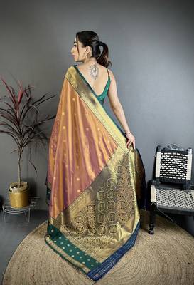 Copper soft silk small floral zari butti gold zari weaving banarasi saree 4