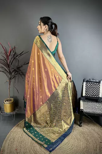 Copper soft silk small floral zari butti gold zari weaving banarasi saree