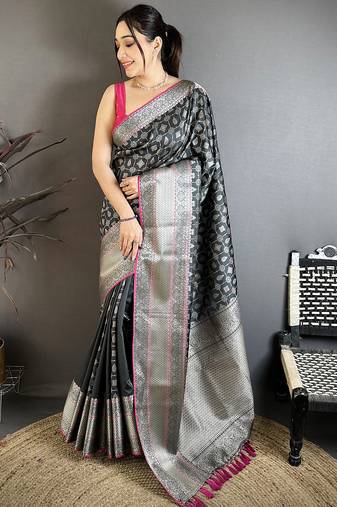 Black banarasi silk geometric butta kanjivaram sarees