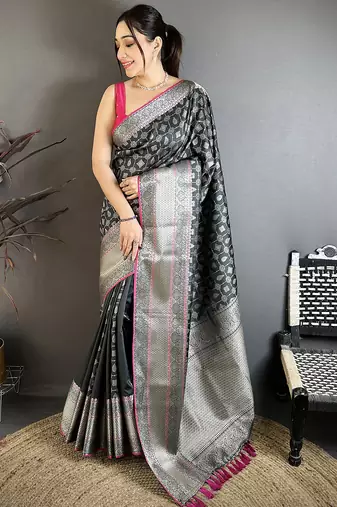 Black banarasi silk geometric butta kanjivaram sarees