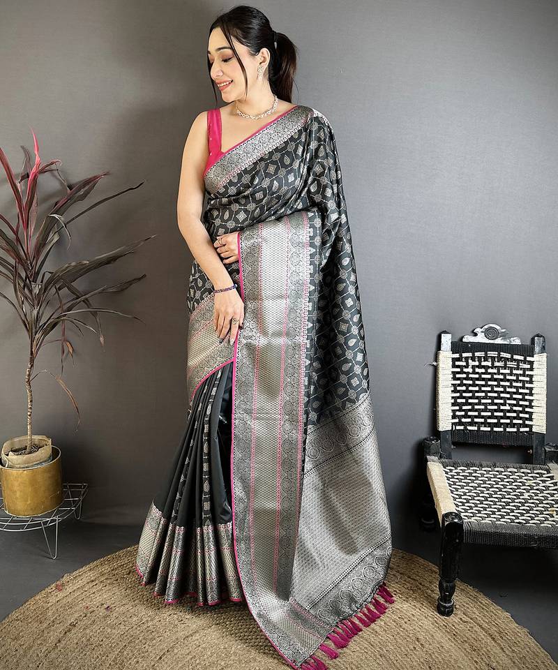 Black banarasi silk geometric butta kanjivaram sarees