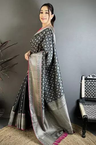 Black banarasi silk geometric butta kanjivaram sarees