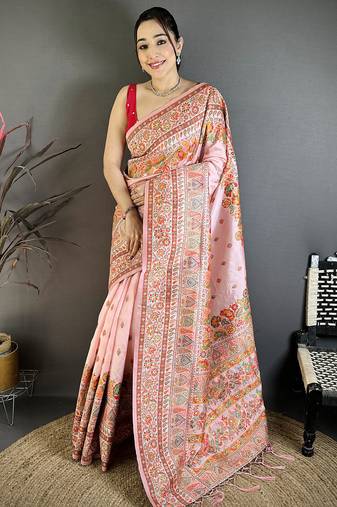 Peach pashmina silk meenakari weaving madhubani design kashmiri saree