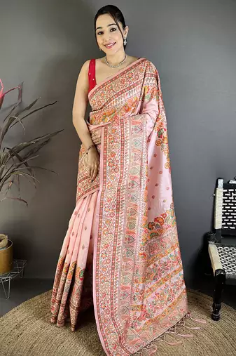 Peach pashmina silk meenakari weaving madhubani design kashmiri saree