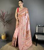 Peach pashmina silk meenakari weaving madhubani design kashmiri saree