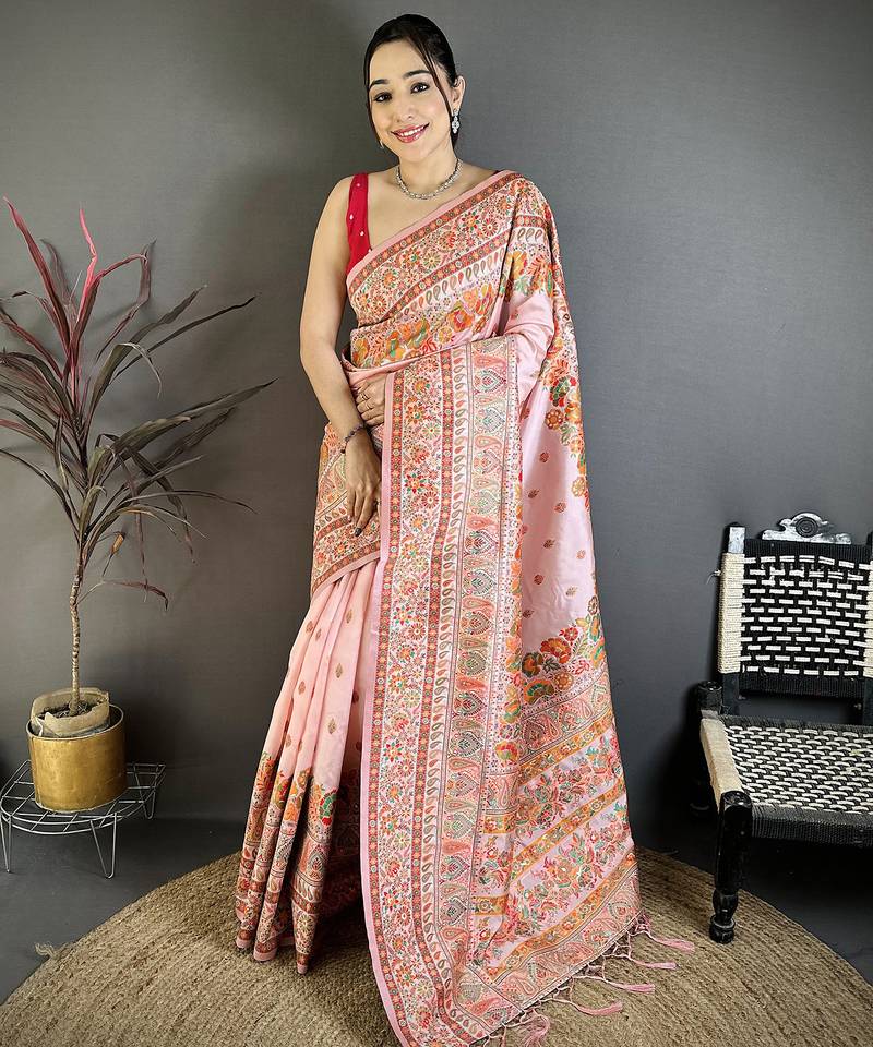 Peach pashmina silk meenakari weaving madhubani design kashmiri saree