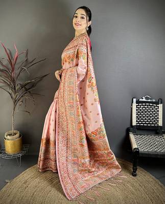Peach pashmina silk meenakari weaving madhubani design kashmiri saree 2
