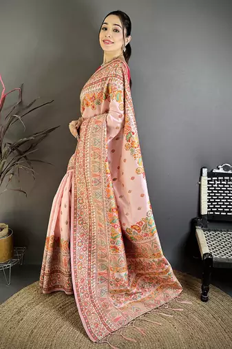 Peach pashmina silk meenakari weaving madhubani design kashmiri saree