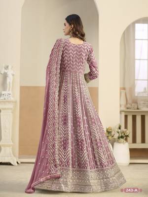 Peach faux georgette semi stitched anarkali suit with embrodery work 4