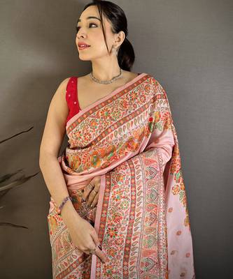 Peach pashmina silk meenakari weaving madhubani design kashmiri saree 3