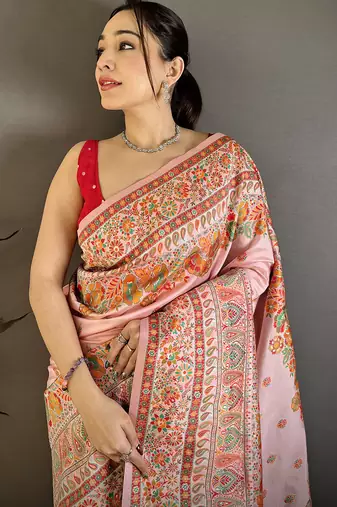 Peach pashmina silk meenakari weaving madhubani design kashmiri saree