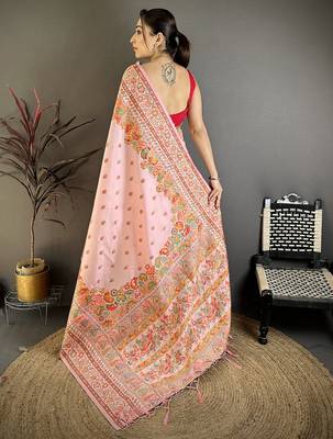 Peach pashmina silk meenakari weaving madhubani design kashmiri saree 4
