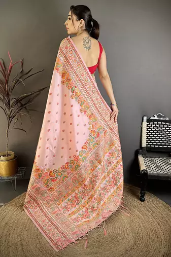 Peach pashmina silk meenakari weaving madhubani design kashmiri saree