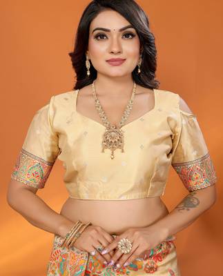 Peach pashmina silk meenakari weaving madhubani design kashmiri saree 5