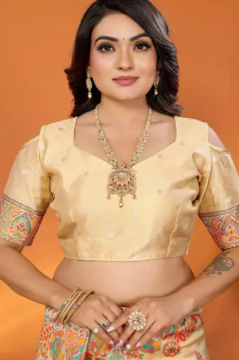 Peach pashmina silk meenakari weaving madhubani design kashmiri saree