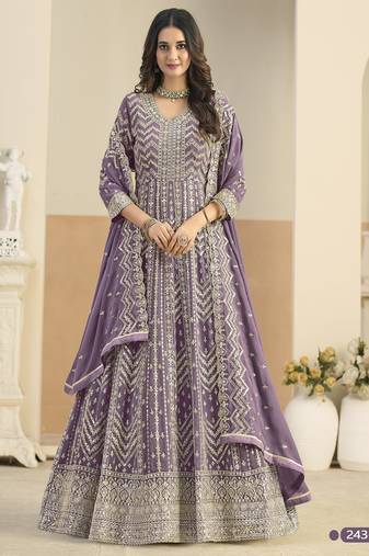 Lavender faux georgette semi stitched anarkali suit with embrodery work