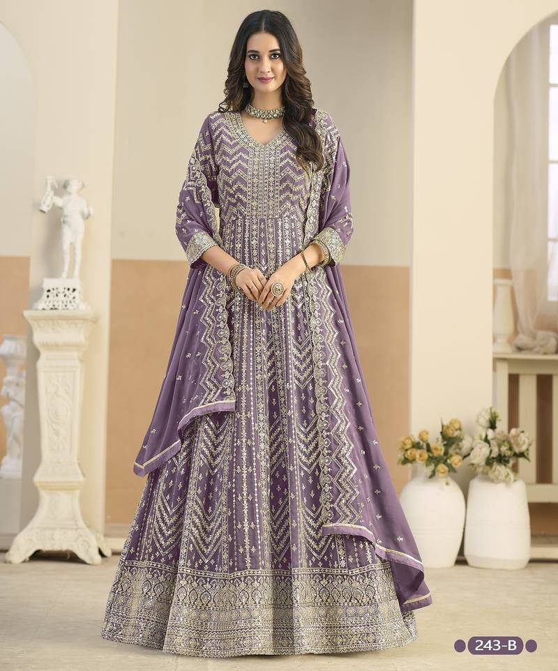 Lavender faux georgette semi stitched anarkali suit with embrodery work