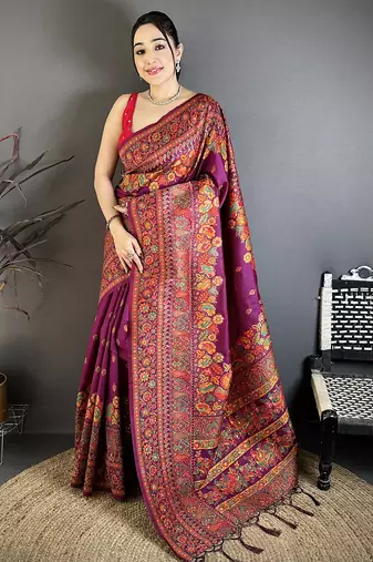 Burgundy pashmina silk meenakari weaving madhubani design kashmiri saree