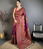 Burgundy pashmina silk meenakari weaving madhubani design kashmiri saree