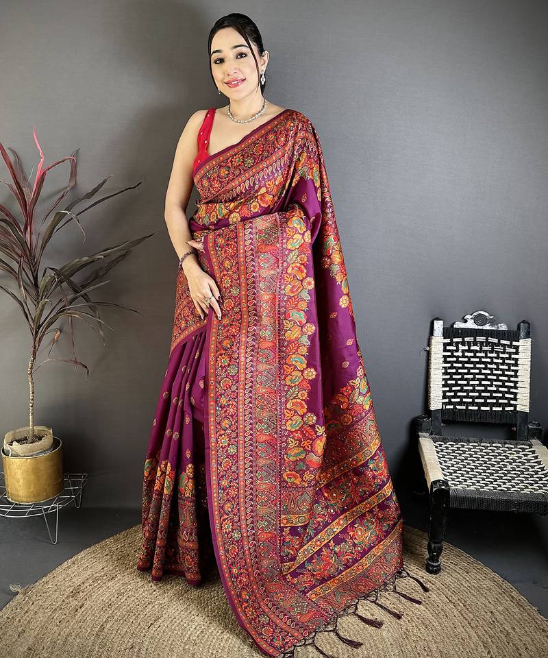 Burgundy pashmina silk meenakari weaving madhubani design kashmiri saree