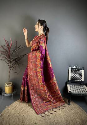 Burgundy pashmina silk meenakari weaving madhubani design kashmiri saree 2