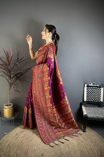 Burgundy pashmina silk meenakari weaving madhubani design kashmiri saree
