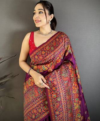 Burgundy pashmina silk meenakari weaving madhubani design kashmiri saree 3