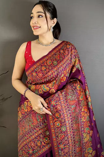 Burgundy pashmina silk meenakari weaving madhubani design kashmiri saree