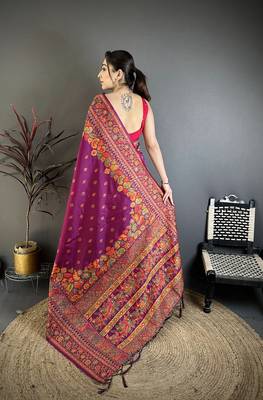 Burgundy pashmina silk meenakari weaving madhubani design kashmiri saree 4